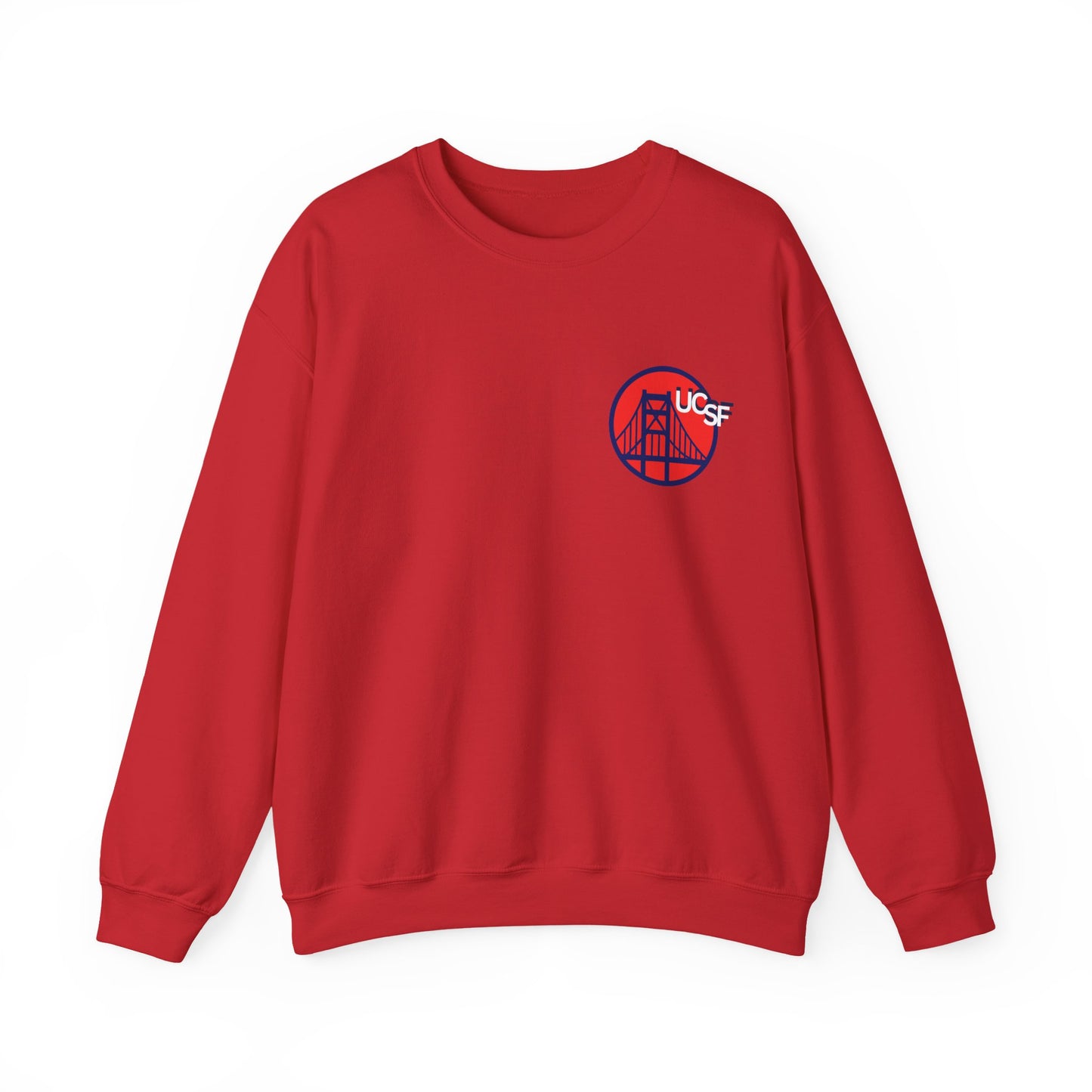 UCSF Blue and Red Embroidered Golden Gate Sweatshirt — San Francisco Bridge Crewneck