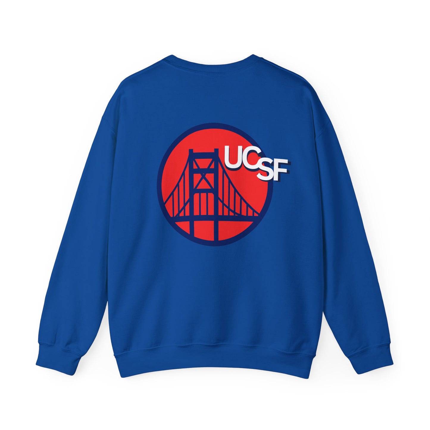 UCSF Blue and Red Embroidered Golden Gate Sweatshirt — San Francisco Bridge Crewneck