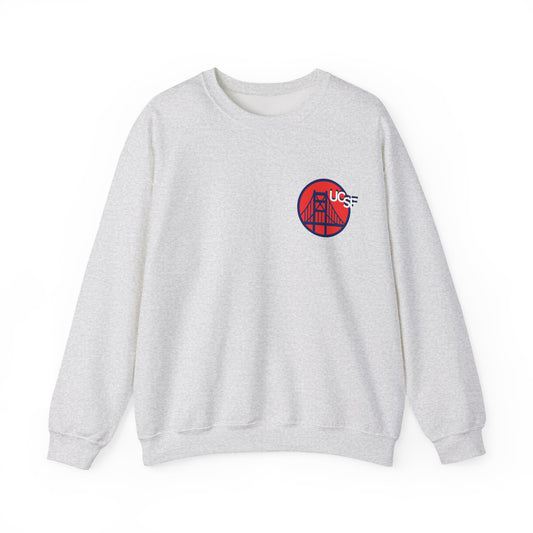 UCSF Blue and Red Embroidered Golden Gate Sweatshirt — San Francisco Bridge Crewneck