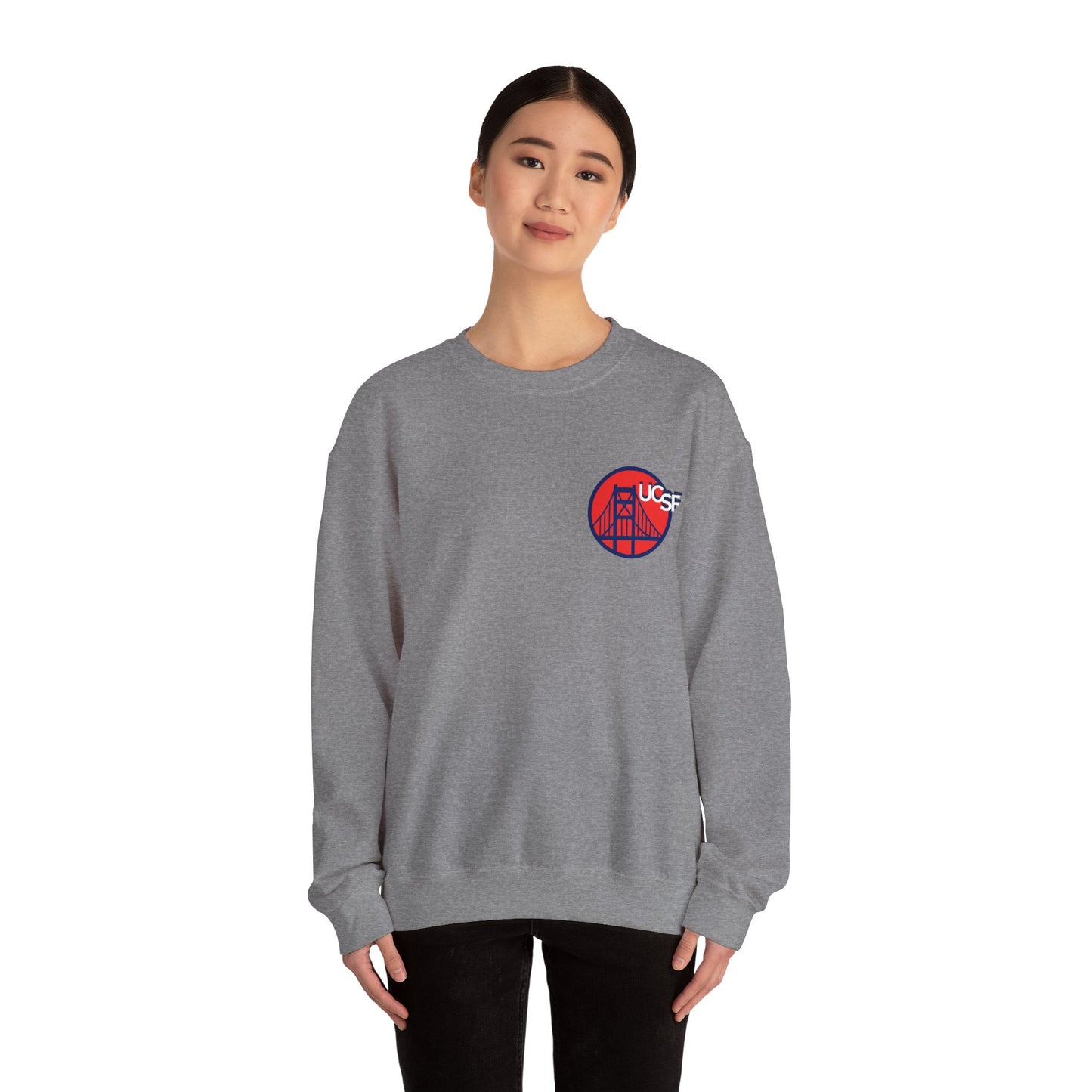 UCSF Blue and Red Embroidered Golden Gate Sweatshirt — San Francisco Bridge Crewneck