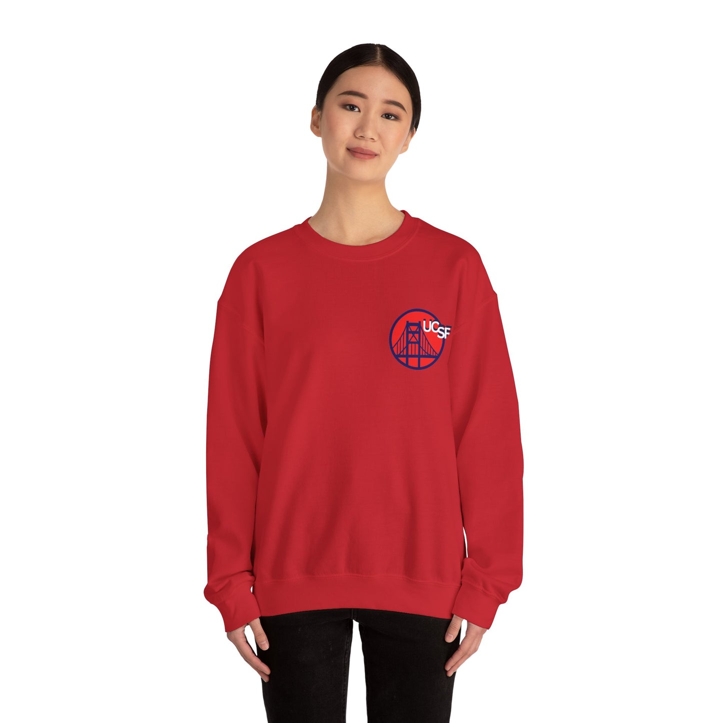 UCSF Blue and Red Embroidered Golden Gate Sweatshirt — San Francisco Bridge Crewneck