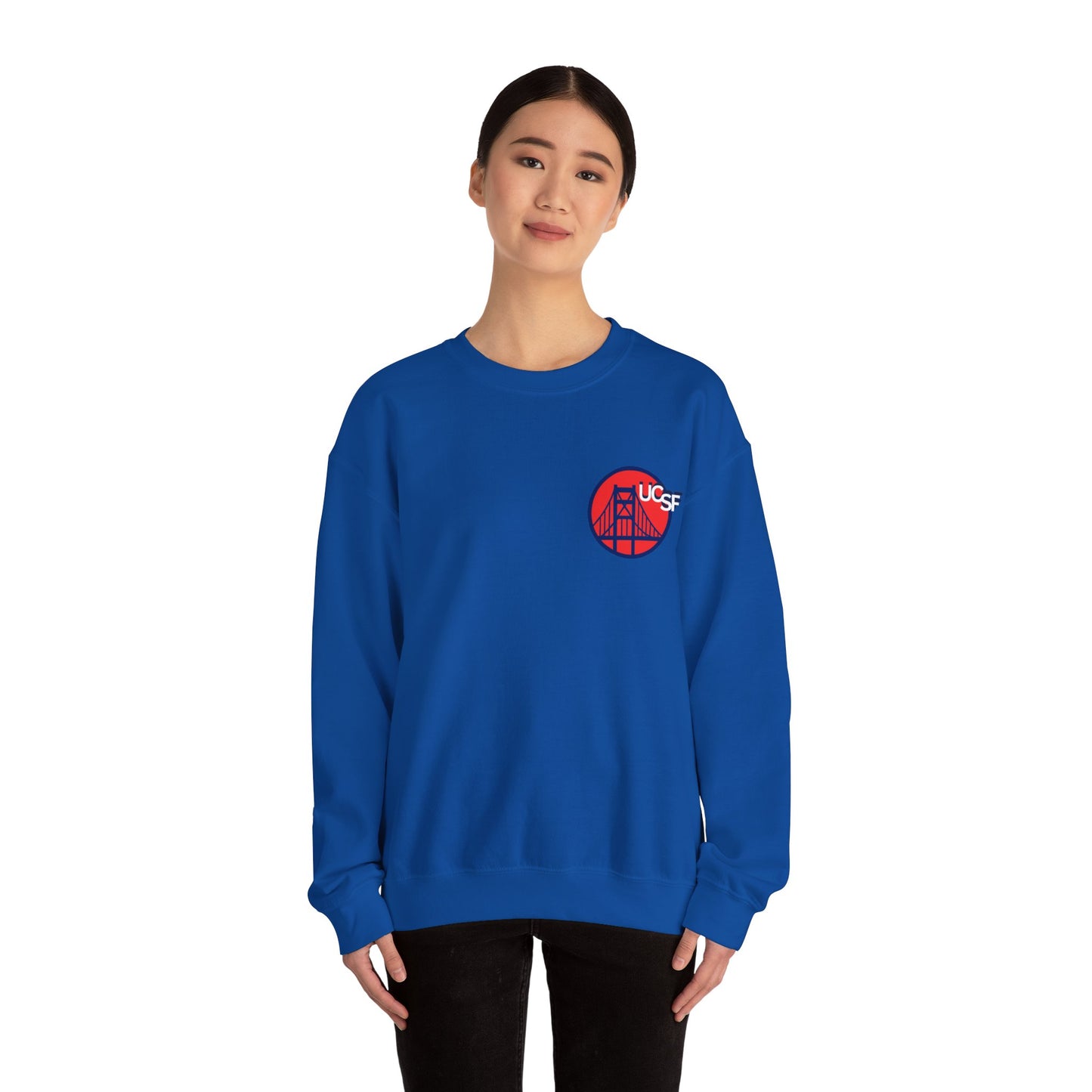 UCSF Blue and Red Embroidered Golden Gate Sweatshirt — San Francisco Bridge Crewneck