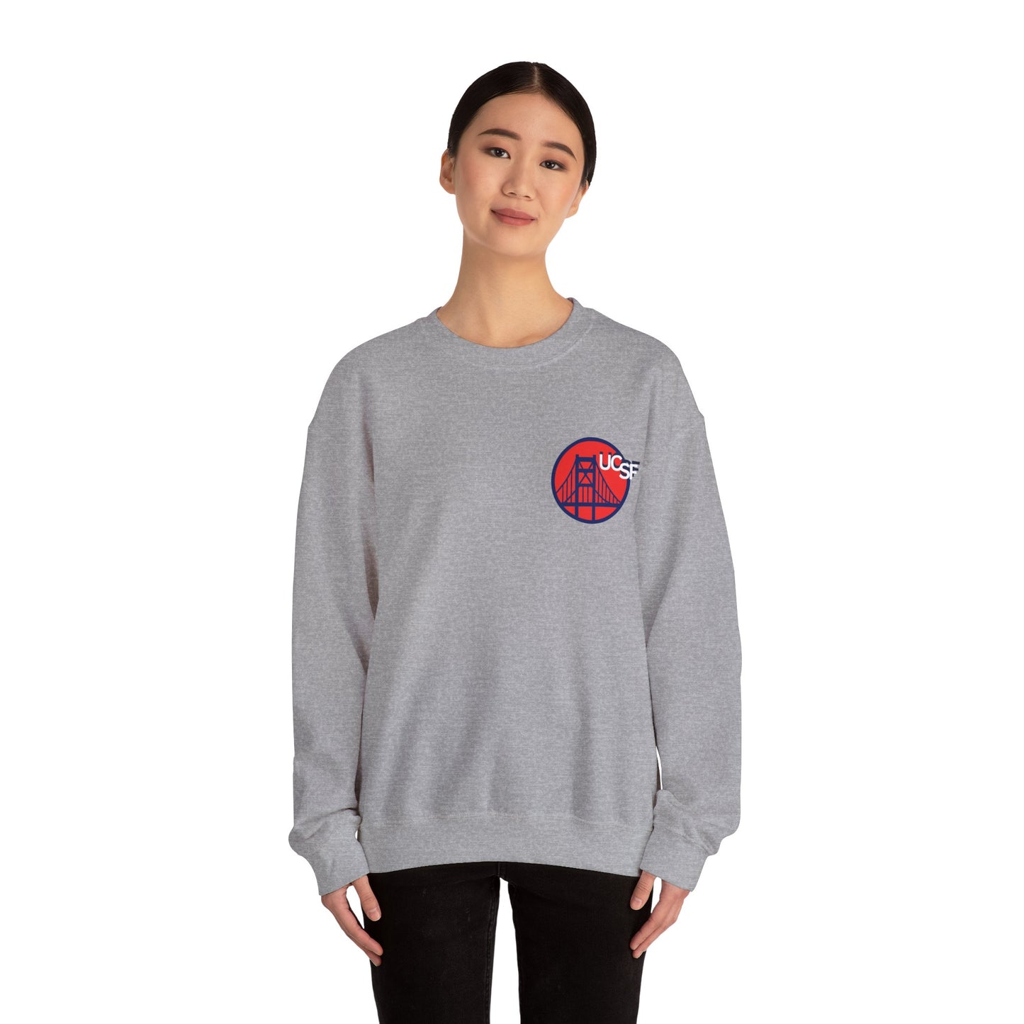 UCSF Blue and Red Embroidered Golden Gate Sweatshirt — San Francisco Bridge Crewneck