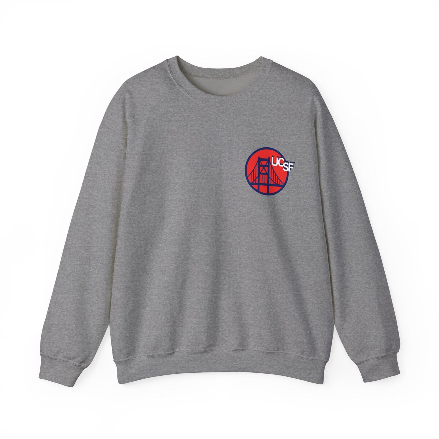 UCSF Blue and Red Embroidered Golden Gate Sweatshirt — San Francisco Bridge Crewneck