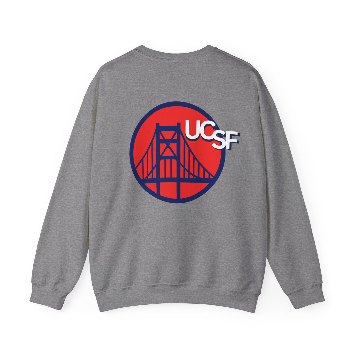 UCSF Blue and Red Embroidered Golden Gate Sweatshirt — San Francisco Bridge Crewneck