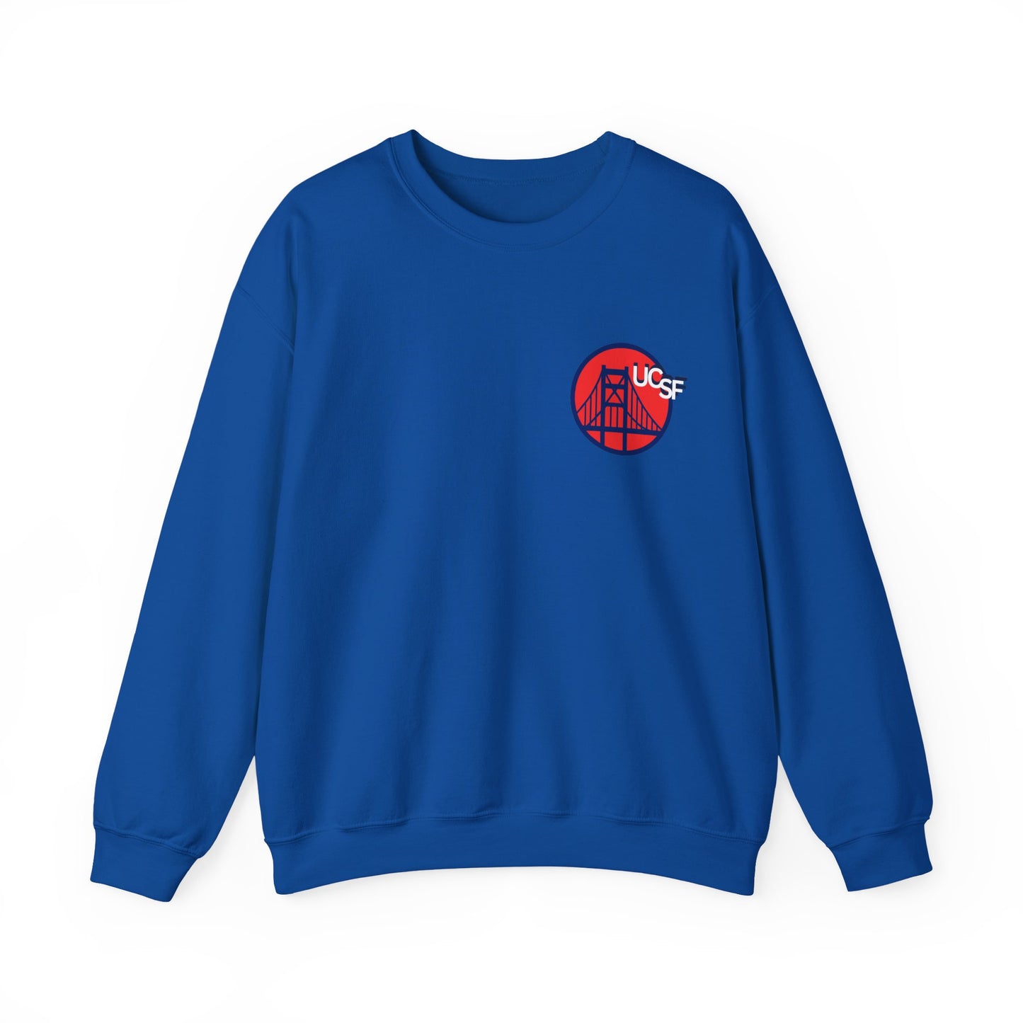 UCSF Blue and Red Embroidered Golden Gate Sweatshirt — San Francisco Bridge Crewneck