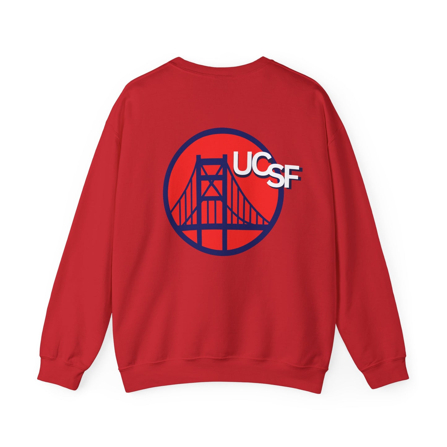 UCSF Blue and Red Embroidered Golden Gate Sweatshirt — San Francisco Bridge Crewneck